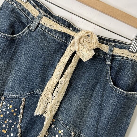 VTG Y2K Boho Fairycore Denim Ruffle Skirt Asymmetrical Lace Beaded Sz S Festival - Picture 5 of 14